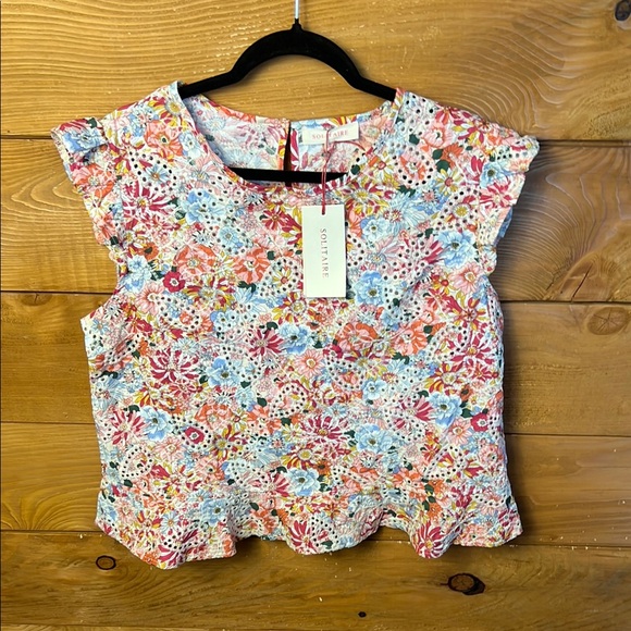 Solitaire Tops - Solitaire Embroidered Eyelet Floral Top Women‎ L Pink Sleeveless Art To Wear NWT